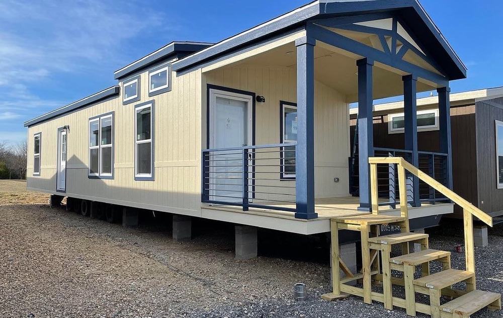 Single wide mobile home in white and blue colors